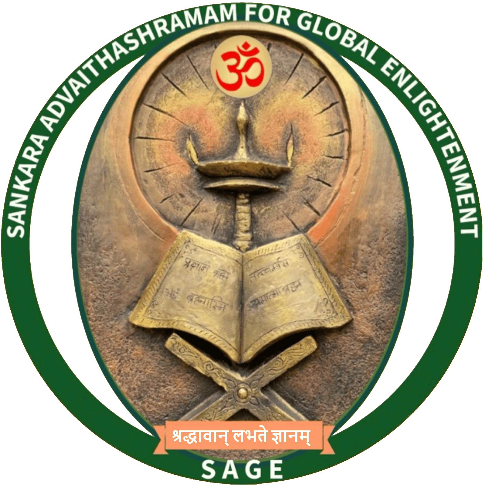 SAGE logo featuring a flame, book, and Om symbol for global enlightenment.