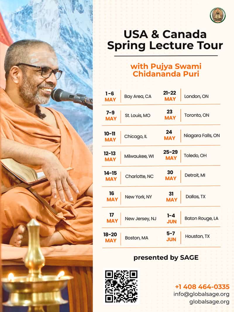 USA & Canada Spring Lecture Tour with Pujya Swami Chidananda Puri.